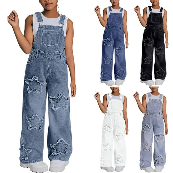 MKOSPLRT Girls Denim Bib Overalls Star Patchwork Straight Leg Adjustable Straps Stretchy Jean Distressed Jumpsuit with Pockets 6-13Years