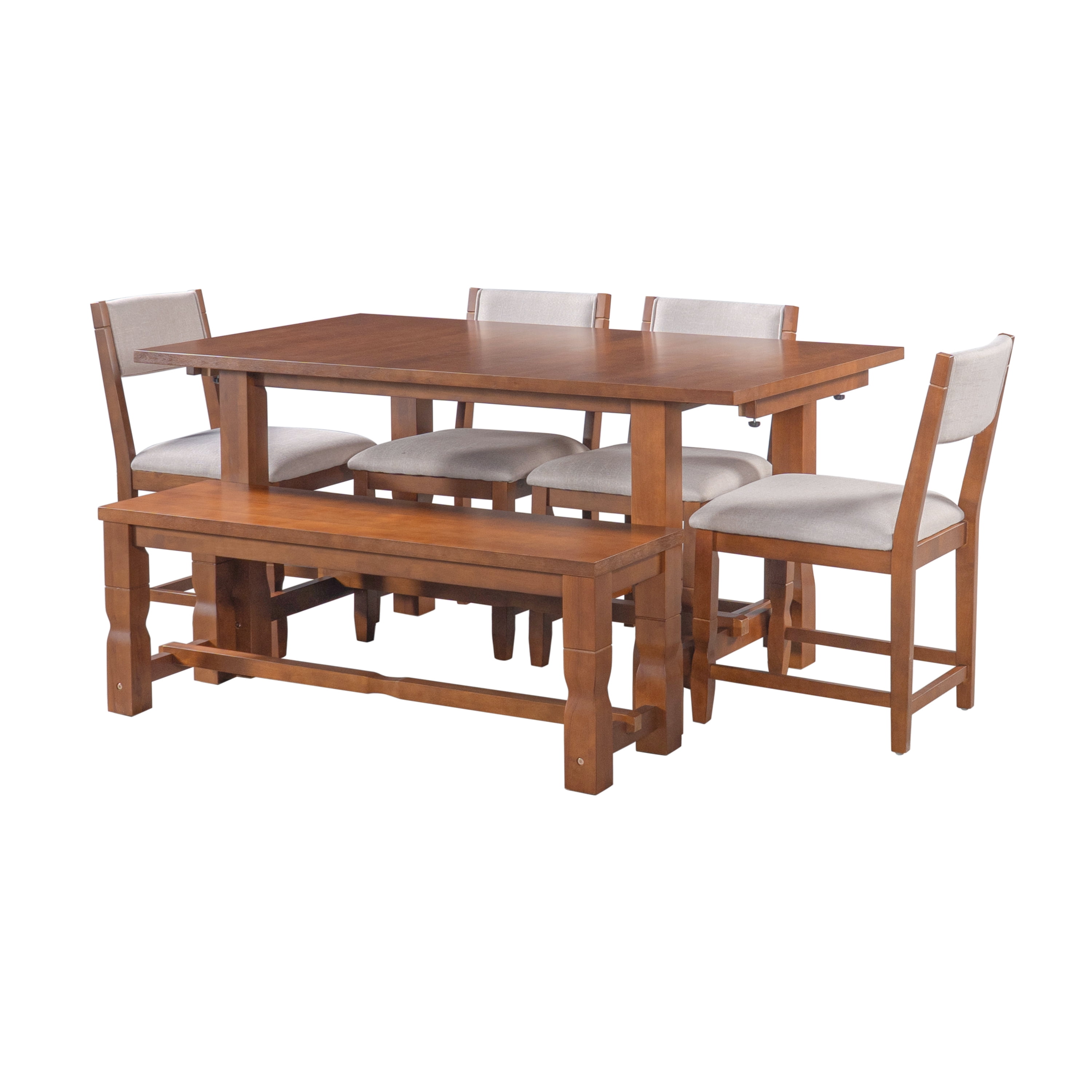 Mintazer 6 Piece Extendable Dining Table Set with 4 Upholstered Dining Chairs & Bench, 84 Inch Rectangular Farmhouse Dinner Table with 2 Removable Leaves for Kitchen Dining Room Apartment, Brown