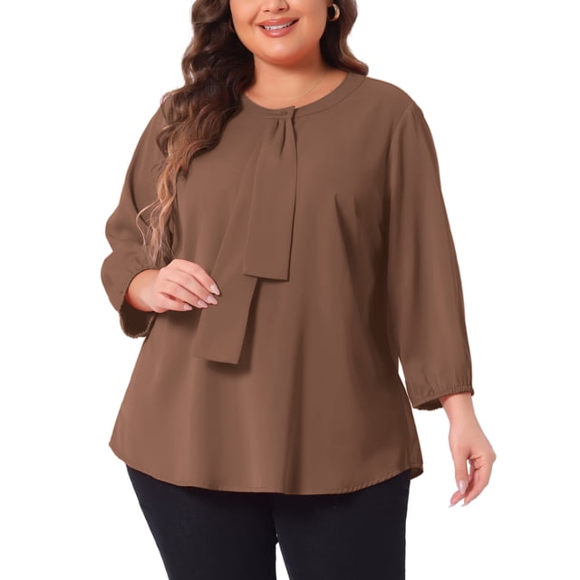 Blusa de chiffon con volantes de cuello redondo para mujer de tallas grandes Agnes Orinda, blusa de oficina 3X marrón oscuro