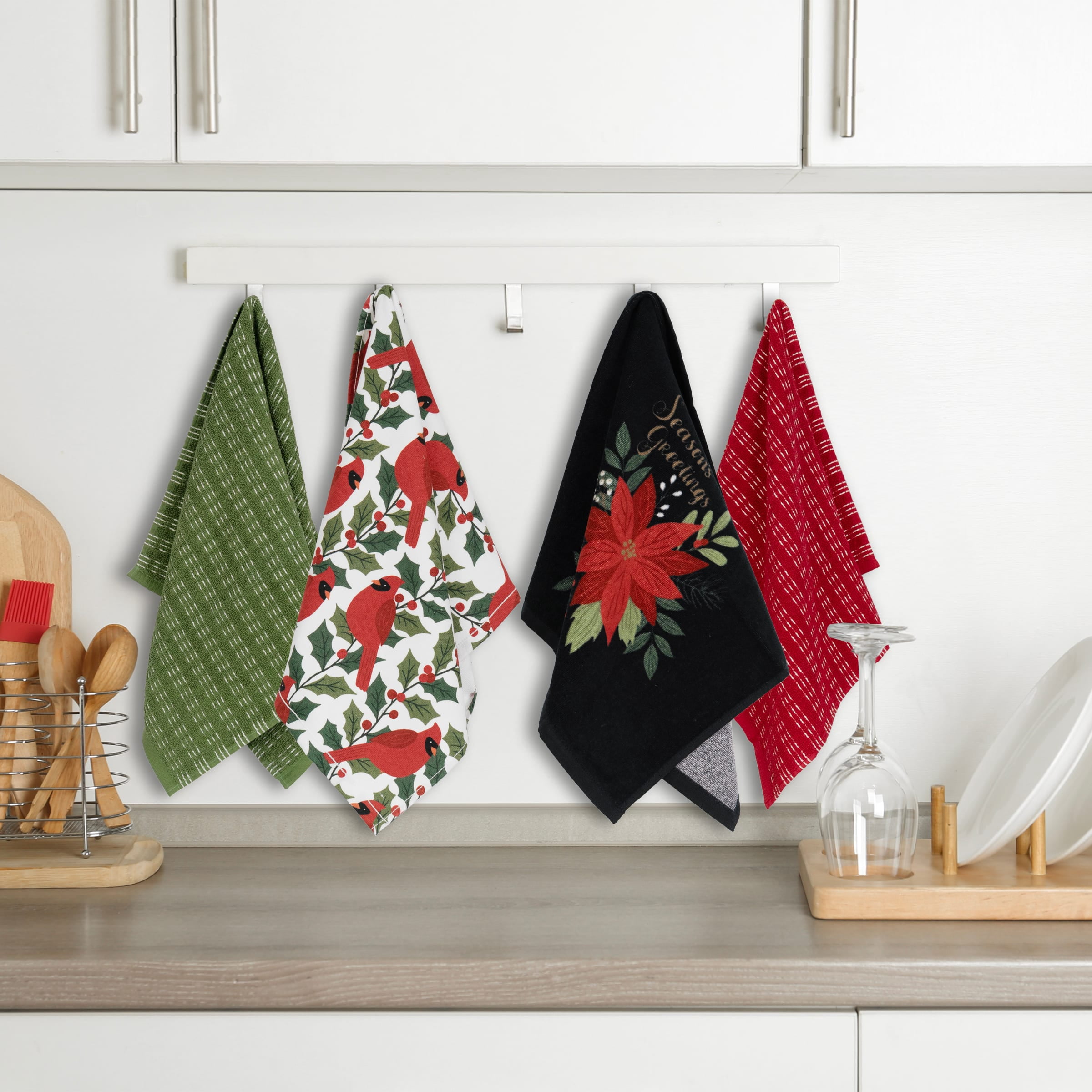 RITZ 100% Cotton Holiday Kitchen Towels, Set of 4, Cardinal Greetings, Poinsettia Dish Towels Set, Festive Red Green