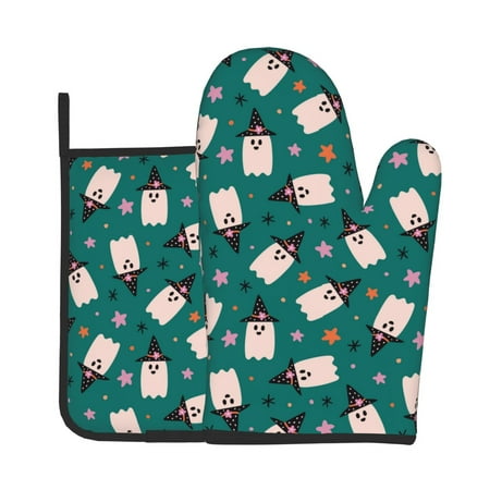 

Vsdgher Halloween Ghosts Oven Mitts and Pot Holders 2 pcs Set High Heat Resistant Kitchen Oven Glove for Baking and Cooking