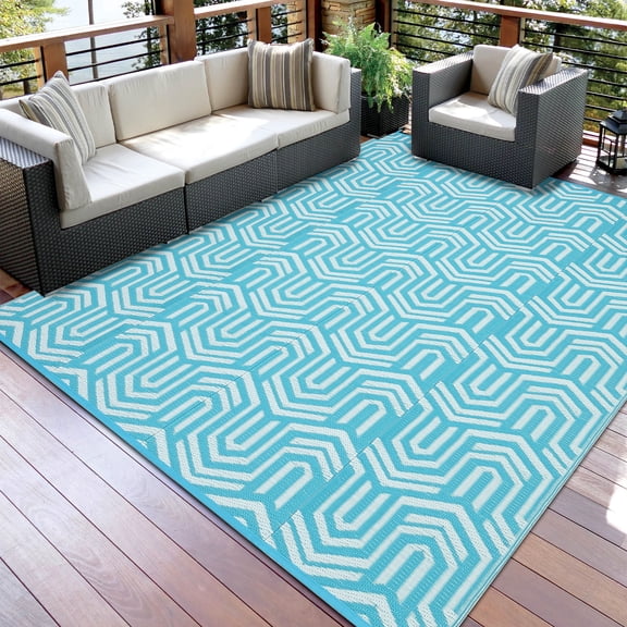 Reversible & Collapsible Outdoor Plastic Area Rug - Modern Light Blue/White Geometric Striped Low-Pile Mat, Mark Resistant, Easy Clean, Portable for Camping, Picnic, RV, Patio - Light blue, 8x10ft