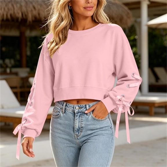 thefmos Women's Fall Winter Long Sleeve Cropped Tops Crewneck Solid Pullover Sweatshirts Y2K Casual Basic Streetwear Cozy Layering Vacation Clothes, Pink L