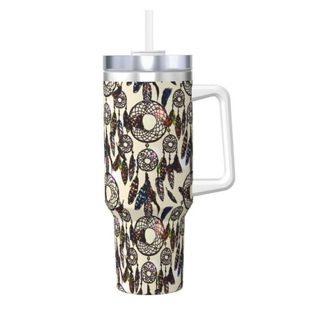 

Fuzoiu Dreamcatcher Print 40OZ Ice Bully Stainless Steel Insulated Cup with Handle and Straw - Perfect for Travel and Sports