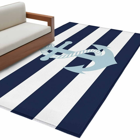 Navy Blue Striped Area Rug 3x5 FT, Non Slip Entryway Bedside Carpet, Blue Anchor Nautical Farmhouse Washable Soft Floor Carpet Indoor Mat Non-Shedding Throw Rug for Dorm Kitchen Home Office