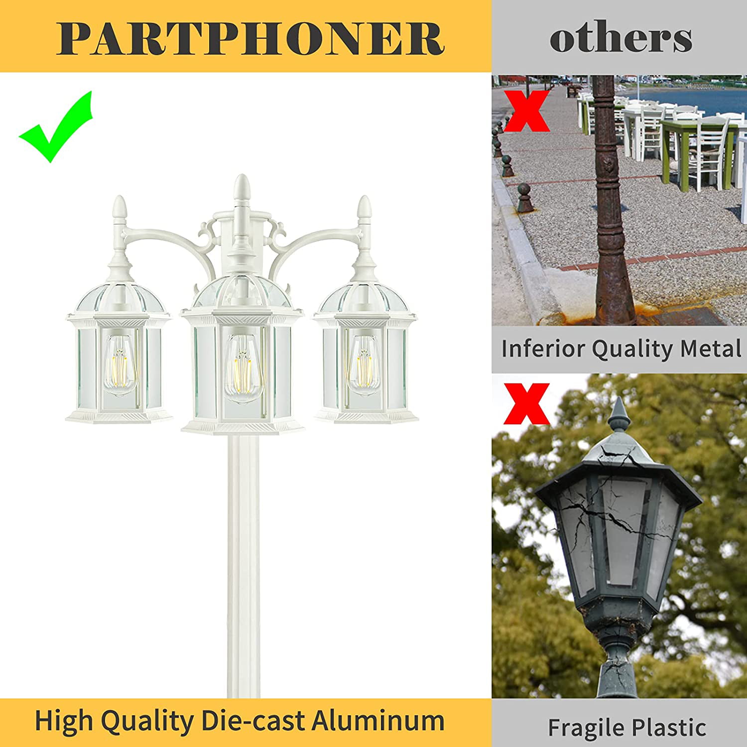 Aluminum Outdoor Lamp Post Birdcage, Hardwired Street Light Post for  Outside, 3-Head Pole Light Modern Lamp Post Outdoor Lighting with Clear  Glass