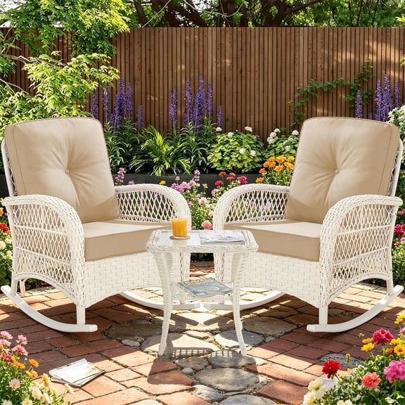 MEETWARM 3 Pieces Patio Conversation Set, Rattan Outdoor Rocking Patio Bistro Set with 2 Rockers and 1 Side Table with 4" Thick Cushions, Outdoor Furniture Set for Porch Backyard, Cream White/Beige