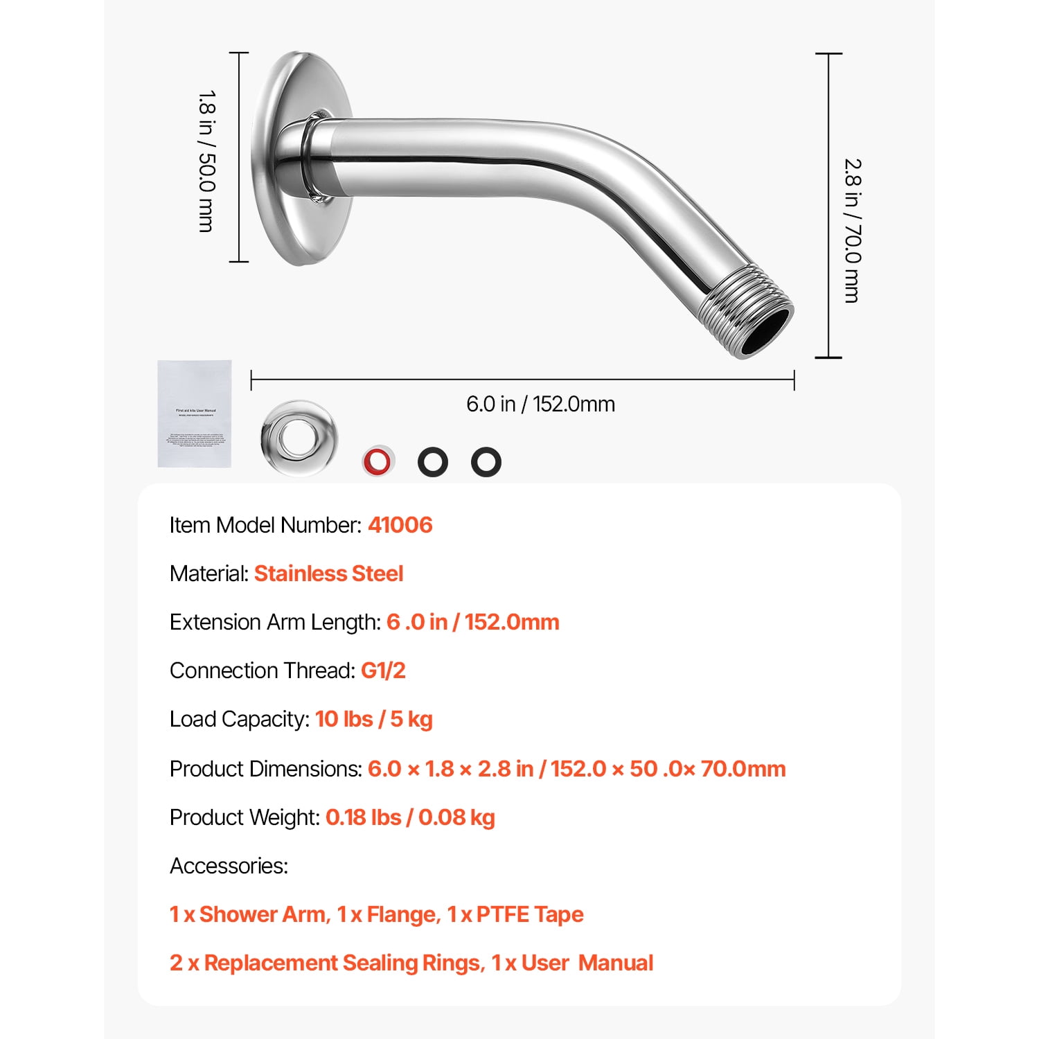 KFFKFF 6-Inch Wall-Mounted Shower Arm with Flange, Stainless Steel Extension, Chrome Finish, Includes PTFE Tape, G1/2 Universal Thread Connector for Fixed and Handheld Showerheads