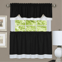 Shabby Farmhouse Flax Linen Kitchen Curtain Tier & Valance Set - Black, 36 in. Long
