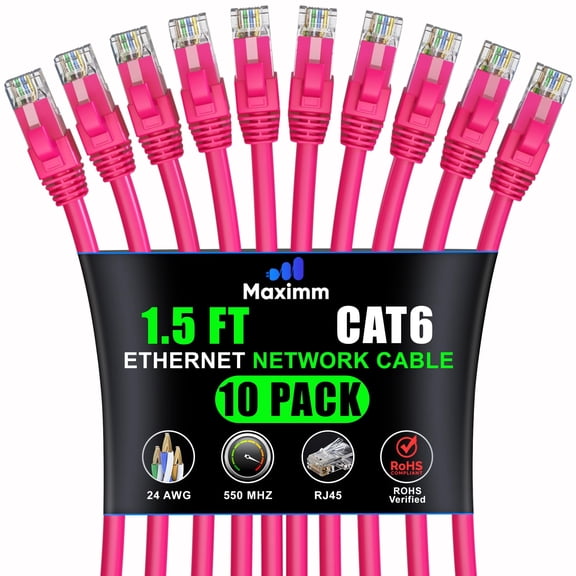 Maximm Cat 6 Ethernet Cable, 1.5 ft, High-Speed RJ45 LAN Network Patch Cord, Pink, 10-Pack
