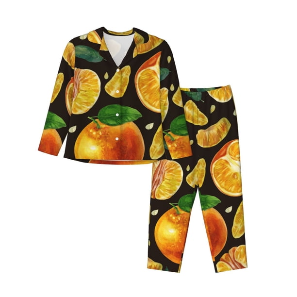 Fotbe Tangerine Conjunto de Pijama de Manga Larga para Mujer con Estampado, Ropa de Dormir de 2 Piezas, Conjunto de Casa Suave y Cómodo con Bolsillos-Medium