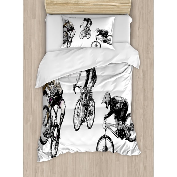 Sketchy Duvet Cover Set Twin Size, Hand Drawn Image of Cyclists Bicycle Bikes with Tour De France Theme Outdoors, Decorative 2 Piece Bedding Set with 1 Pillow Sham, Black and White, by Ambesonne