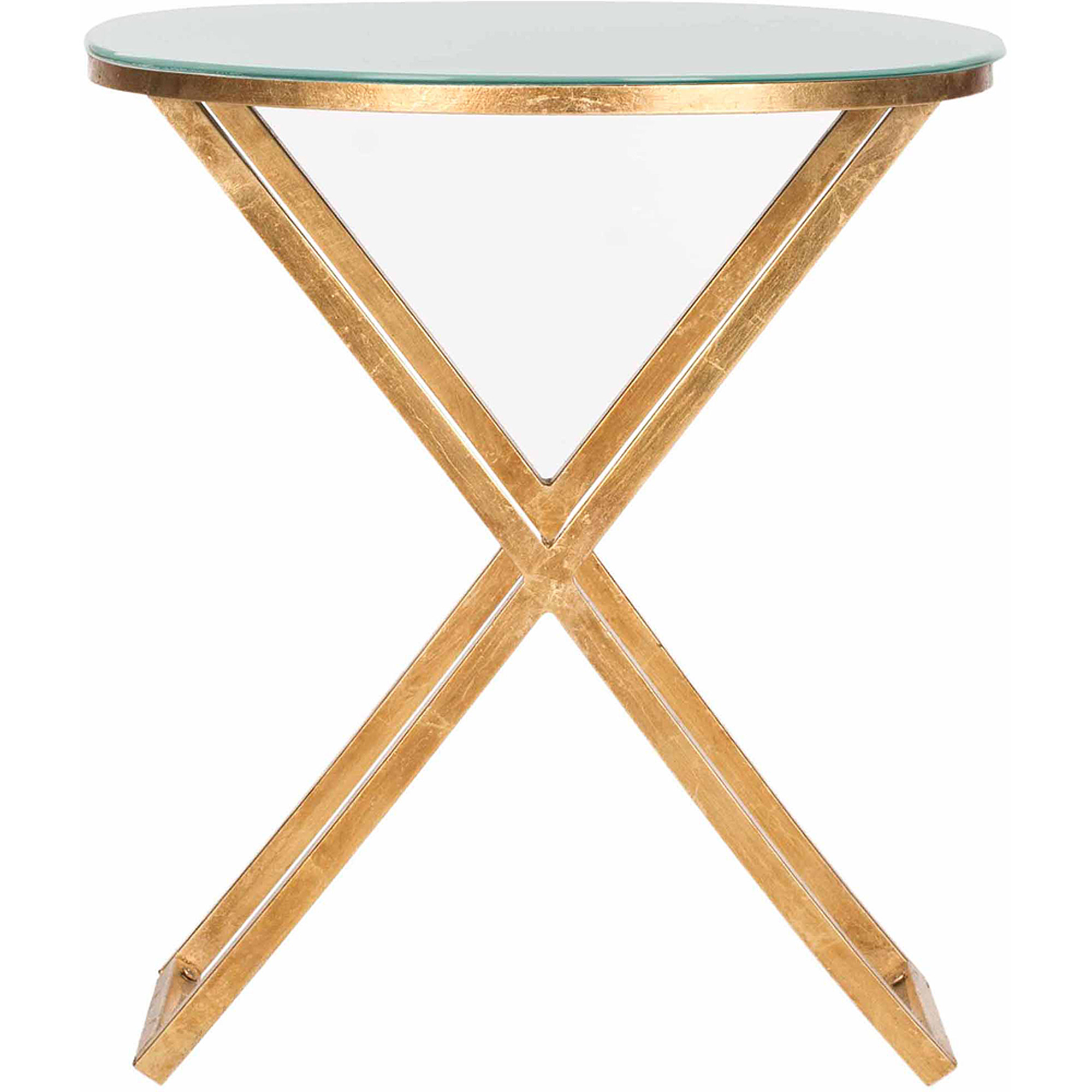 SAFAVIEH Riona 23 in. H Round Top Cross Legs Accent Table, Gold/White Glass