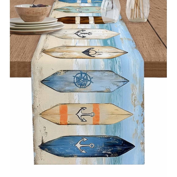 Coastal Beach Table Runner 36 Inches, Nautical Wave Anchor on Stripe Board Bed Runner Dresser Scarves Tabletop for Indoor Outdoor Parties/Ceremony/Banquet, 13"x 36"
