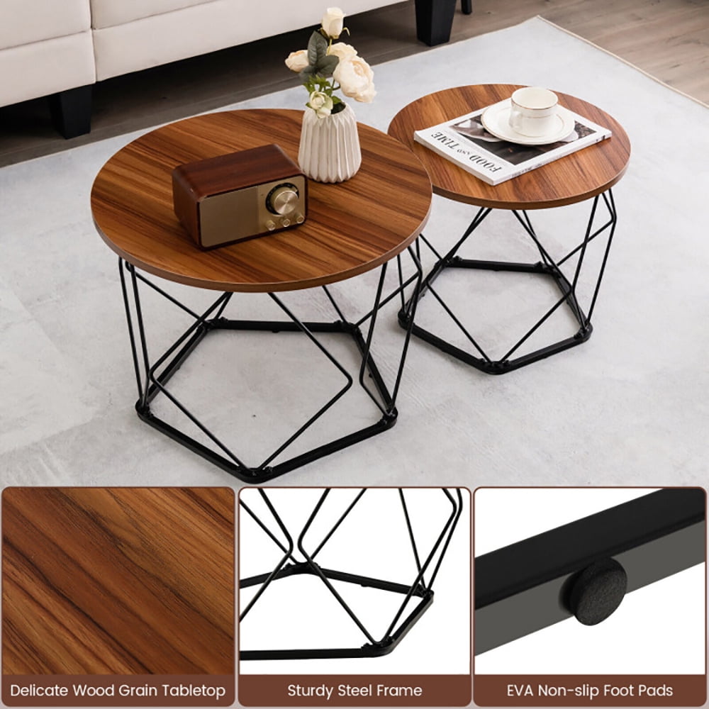 Finihen Coffee Table, Round Coffee Table, Set of 2 Modern Round Coffee Table with Pentagonal Steel Base, for Living Room, Reception Room, Rustic Brown Finihen Coffee Table, Round Coffee Table, Set of 2 Modern Round Coffee Table with Pentagonal Steel Base, for Living Room, Reception Room, Rustic Brown