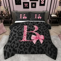 Homewish Cheetah Print Letter Queen Comforter Set, Pink Bowknot Monogrammed B Bedding Sets, Modern Fashion Style Reversible Bedding Comforter Set, Breathable Home Decor, 3pcs