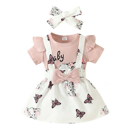 

Suanret Newborn Baby Girl Romper Skirts Short Sleeve Ribbed Romper Elephant Print Suspender Skirt with Headband Pink 9-12 Months
