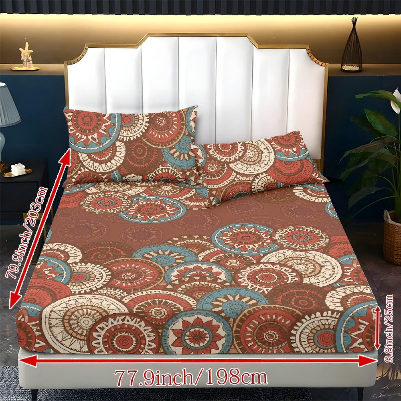 COEQINE King Size Sheet Comfy Bedding Fitted Sheet Non-Slip Snug Fit All Around Elastic Fitted Bottom Bedsheet Holiday Bed Set 3 Pieces Set, Brown Boho Mandala Flower