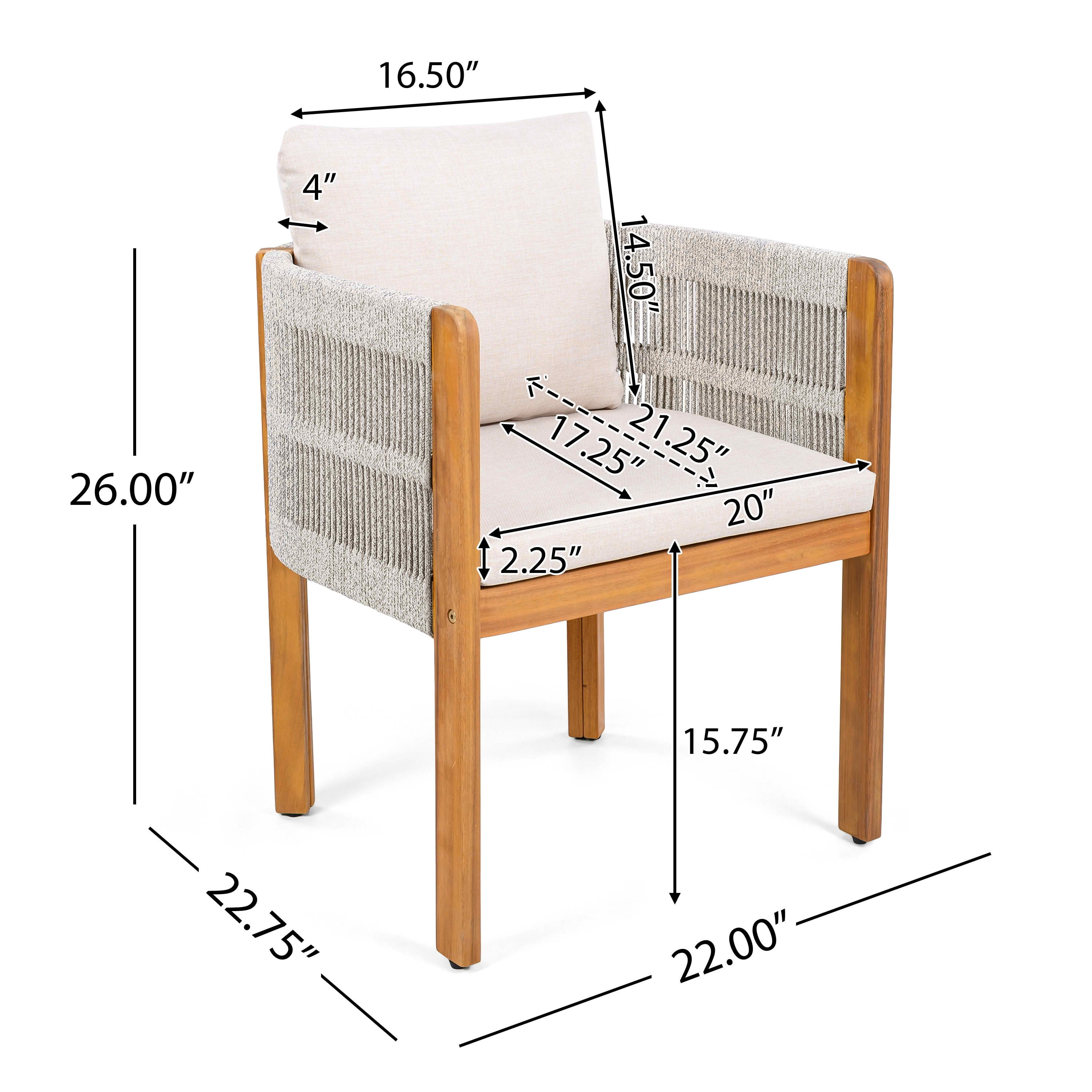 MAYEERTY Set of 2 Acacia Wood Patio Chairs with Rope-Wrapped Arms & Waterproof Foam Cushions 400lbs Capacity