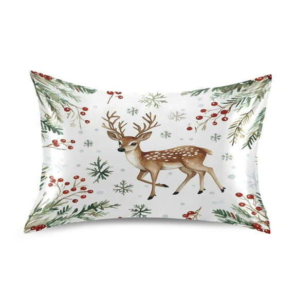 JSTEL Christmas Fawn Pine Needles Satin Pillowcase Standard Size Pillow Cases Envelope Closure Bed Pillow Cover, 20 x 26 inch