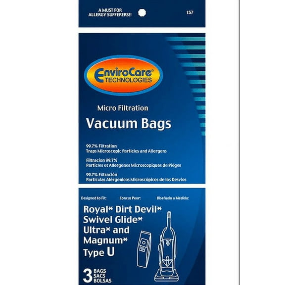 EnviroCare Replacement Type U Vacuum Bags for Royal & Dirt Devil Vacuums Cleaners - 3 Pack