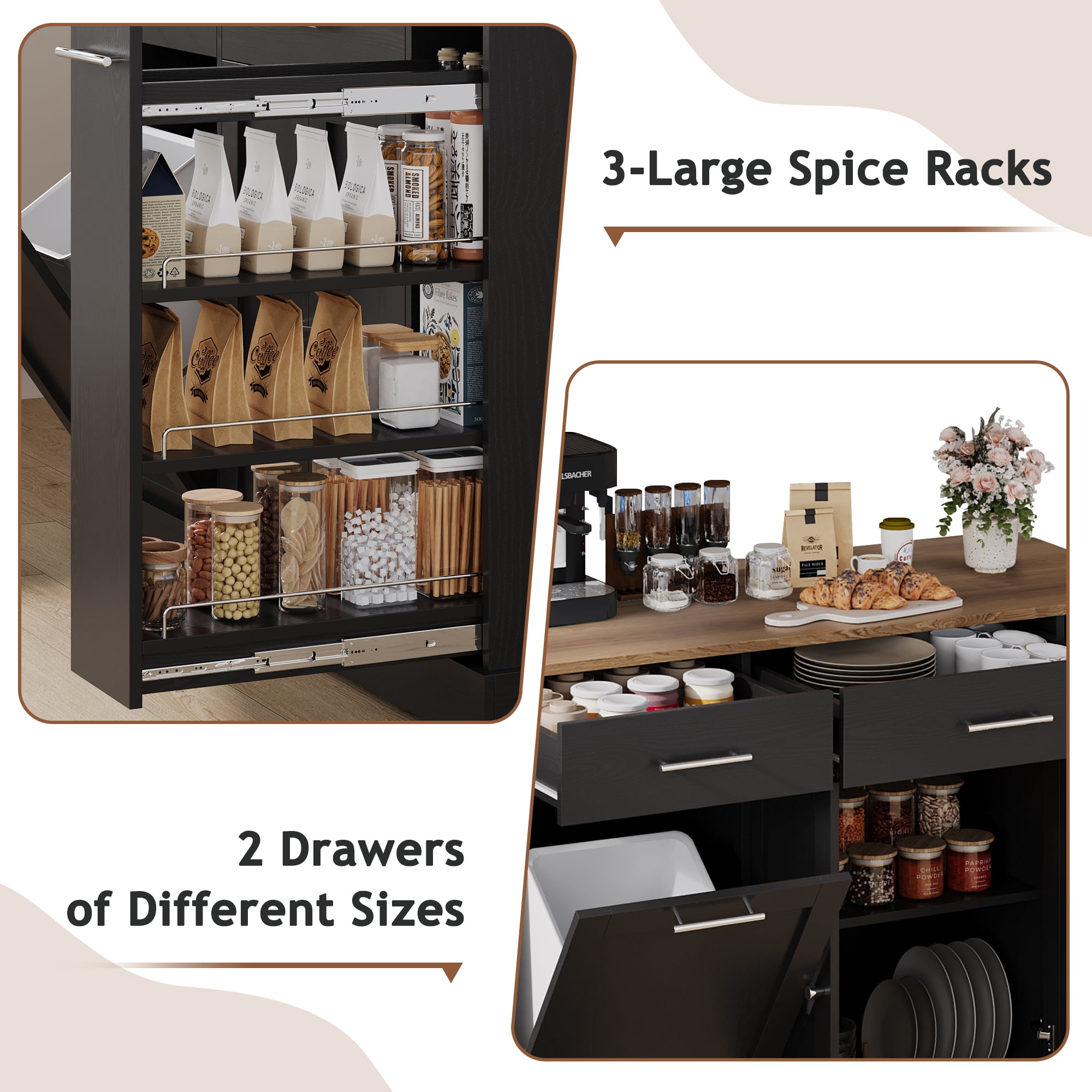 DreamCurship 52" Kitchen Island with Storage, Rolling Kitchen Cart Island with Wheels, Tilt Out Kitchen Trash Cabinet 10 Gallon Storage, 3 Large Spice Racks and 2 Drawers, Black and Brown