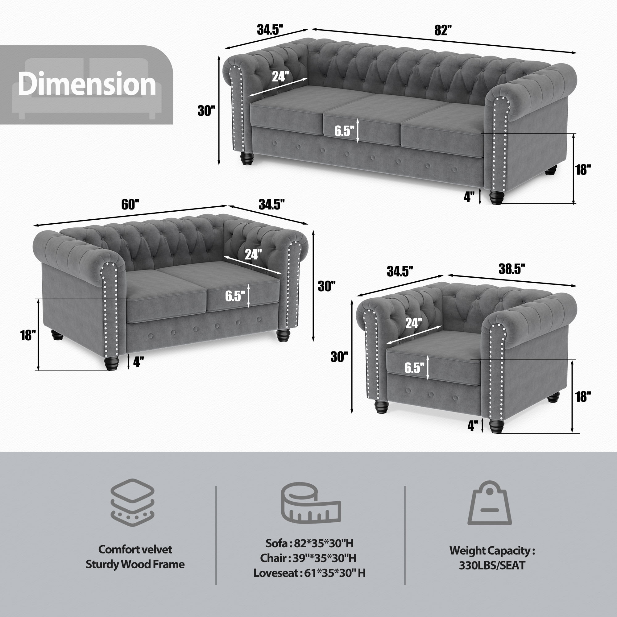 Morden Fort Chesterfield Chair Loveseat and Sofa Set, 3 Pieces Living Room Velvet Couch Set, Grey