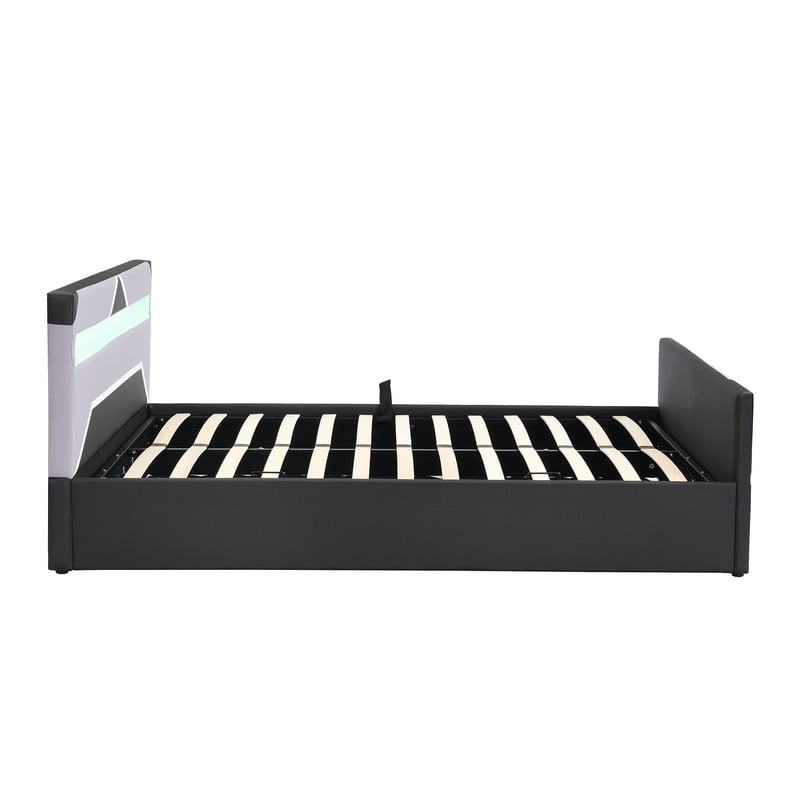 Queen Size Cyberpunk Style Low Profile Bed with LED Lighting Headboard, Hydraulic Storage Platform Bed Frame for Kids/Teens/Adults