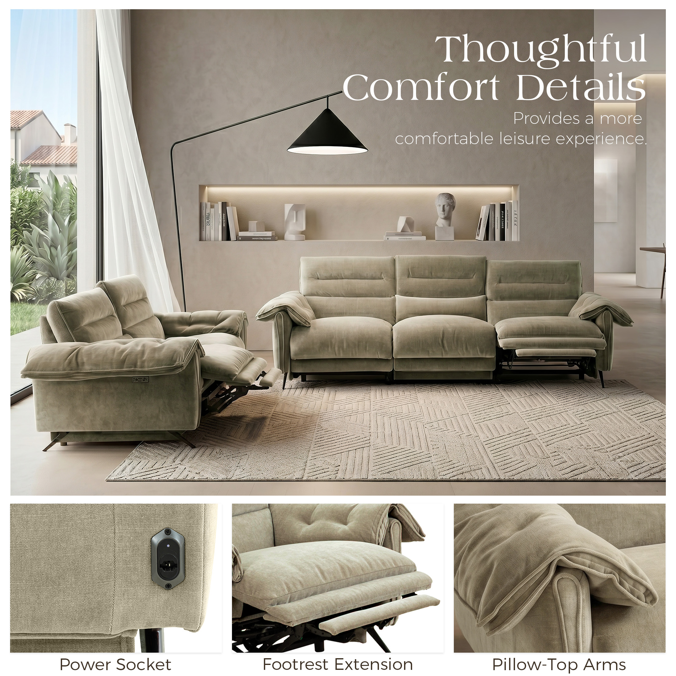 Aenkyo 2-Piece Power Reclining Sofa Set with USB Ports, Loveseat and Sofa, Taupe
