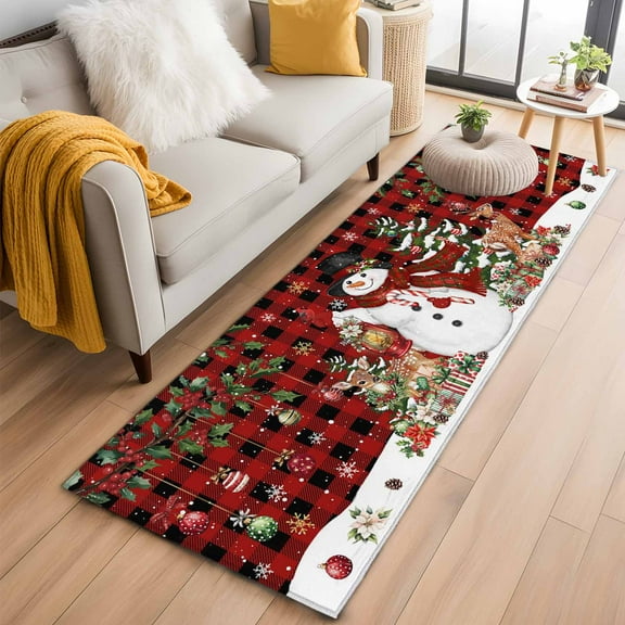 Christmas Snowman Kitchen Runner Rug 2x6 Washable Runners for Hallway Non Slip Xmas Snowflake Elk Tree Balls Red Plaid Large Area Rug Indoor Floor Carpet for Bathroom Laundry Entryway Bedroom