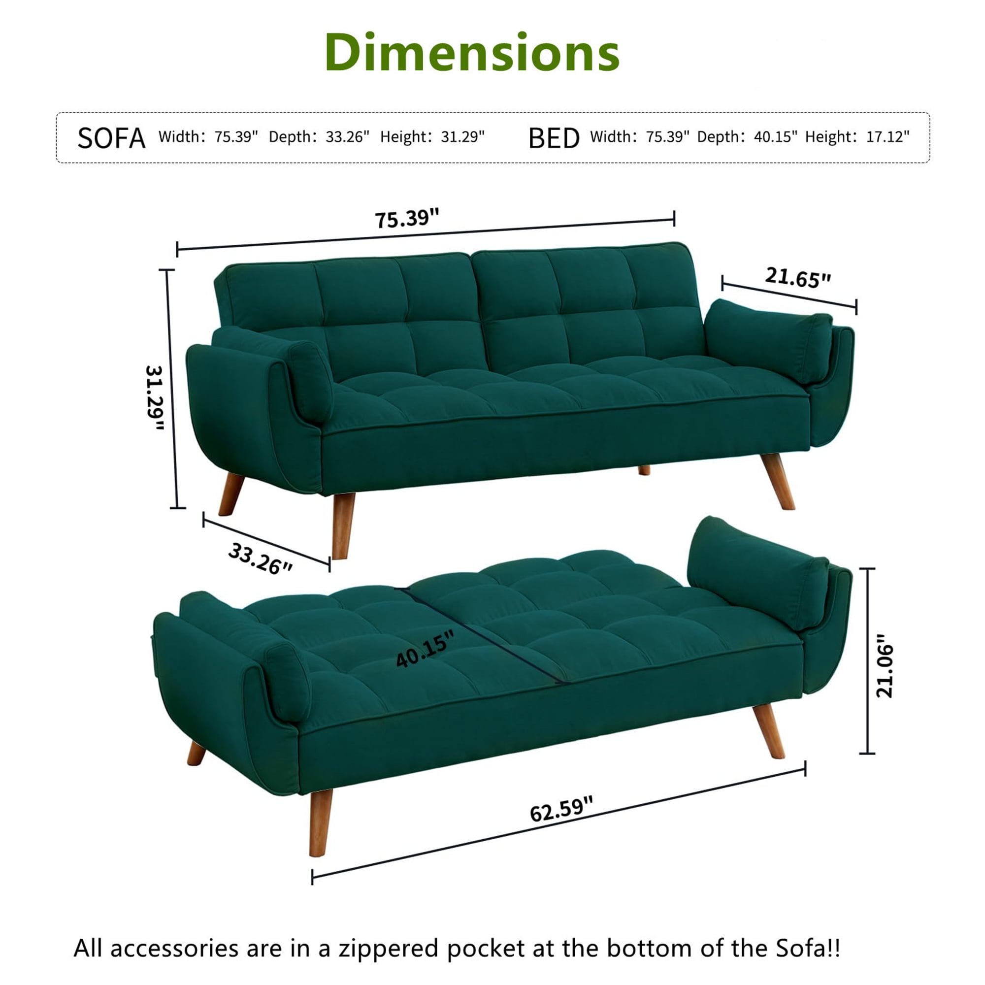 Aukfa 75" Flared Arm Futon Convertible Sofa Bed, Linen Sleeper Couch for Home Office, Green