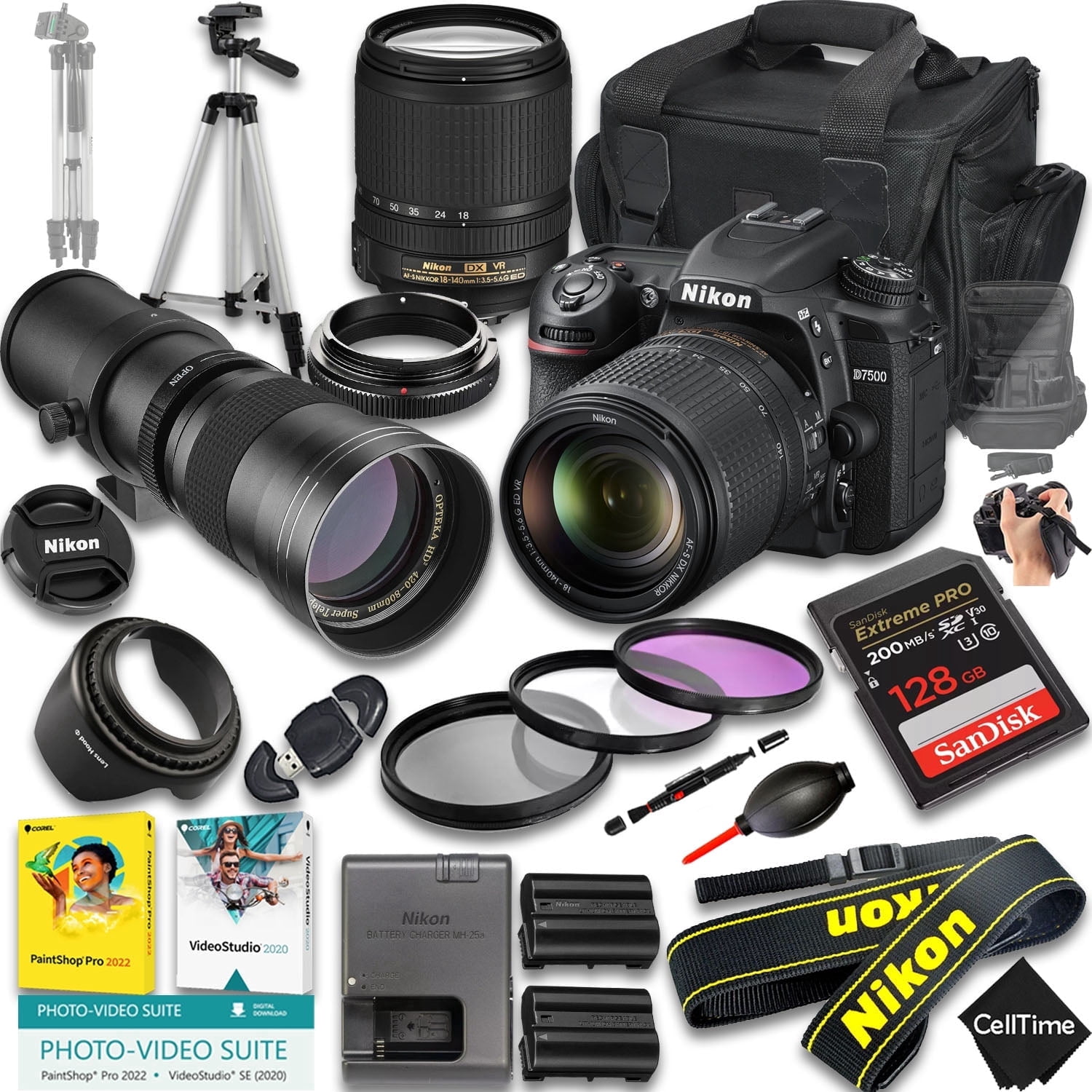 Nikon D7500 DSLR, 18-55mm & 70-300mm Lens, 2x 128GB Cards, Tripod