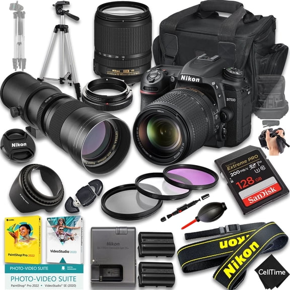 Nikon D7500 DSLR Camera w/ AF-S DX NIKKOR 18-140mm f/3.5-5.6G ED VR And 420-800mm f/8 Super HD Telephoto Lens   128GB Memory   Extra Battery   Camera Case   More (24pc Bundle) (International Version)