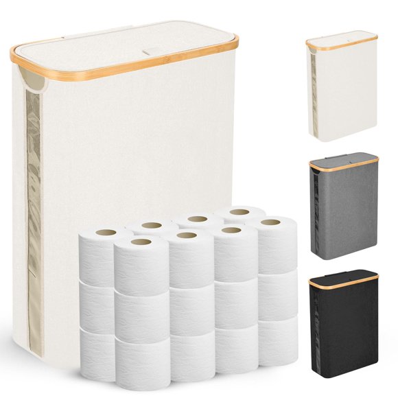 Cesta de almacenamiento de papel higiénico Odonata, grande, con tapa, color beige, 49 L