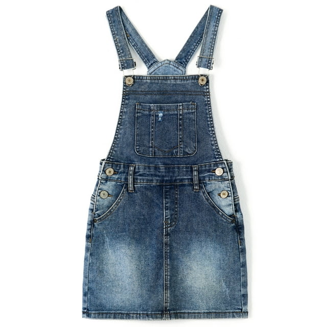 KIDSCOOL SPACE Baby Little Girls Skirt,Ripped Soft Strechy Denim Girls Summer Overalls Dress,Deep Blue,12-18 Months