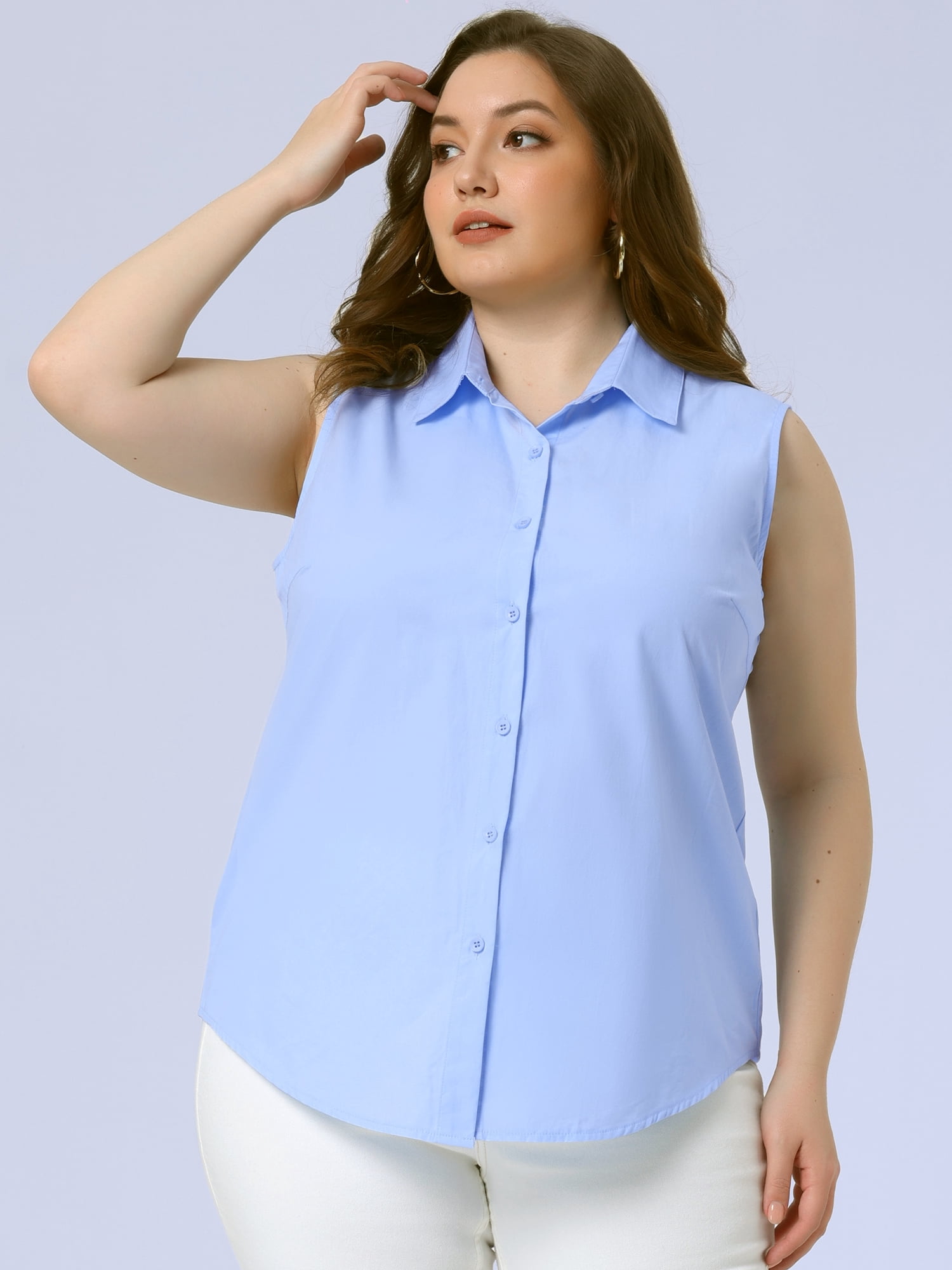 DARING DIVA Women's Plus Sleeveless Button Down Fashion Tank Top 1X Light Blue