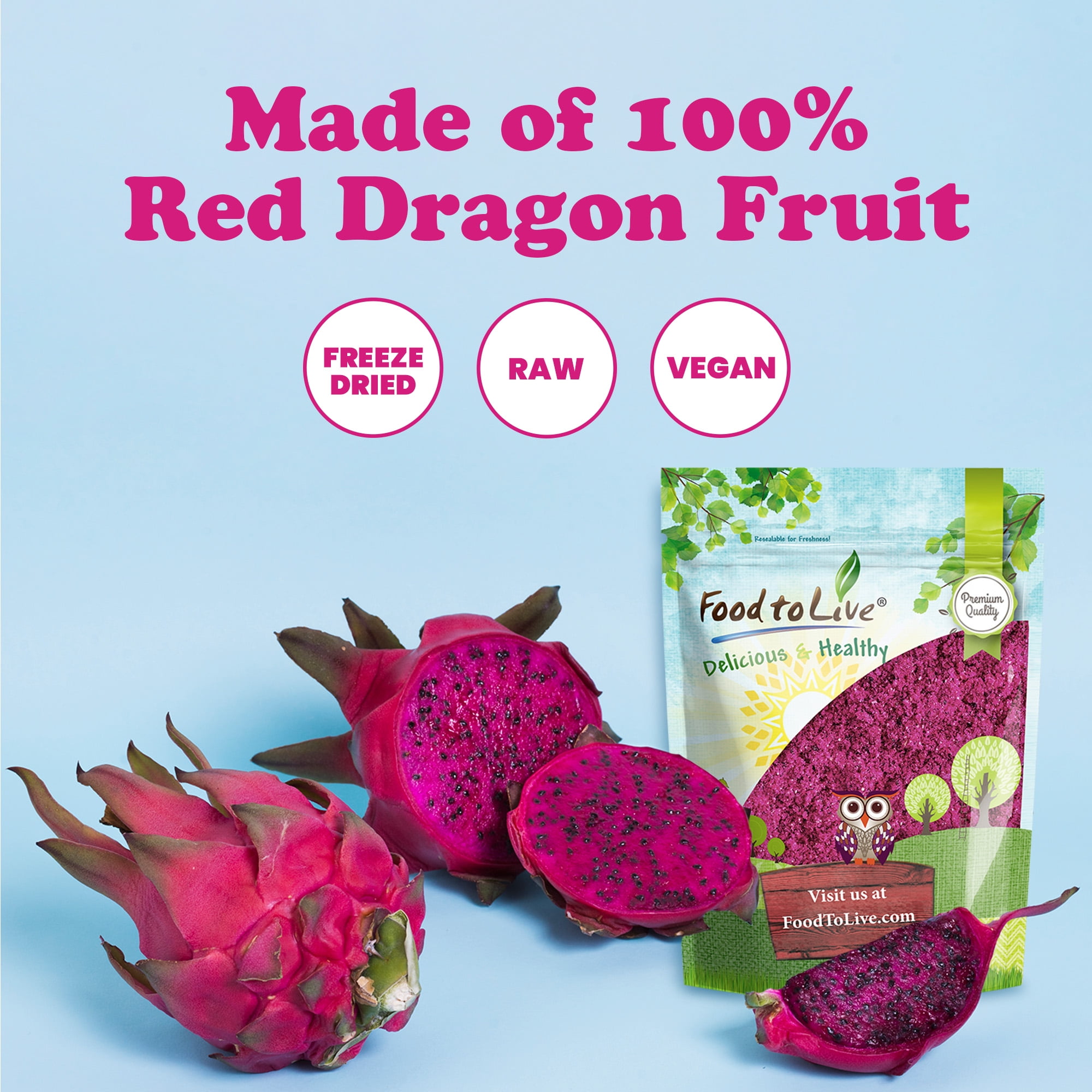 Freeze-Dried Dragon Fruit Powder, 1 Pound–Vegan,Kosher, Good for Smoothies and Baking-Food to Live