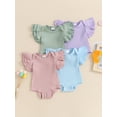 thumbnail image 4 of Aojekbee Baby Girl Summer Romper Ruffle Sleeve Round Neck Solid Color Ribbed Bodysuit Newborn Playsuit, 4 of 10