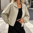 thumbnail image 6 of Women Jacket Solid Color Cropped Zip Up Coat Long Sleeve Stand Collar Outerwear Drawstring Hem Elastic Cuffs with Pockets Casual for Daily Campus Shopping Weekend Street Wear, 6 of 9