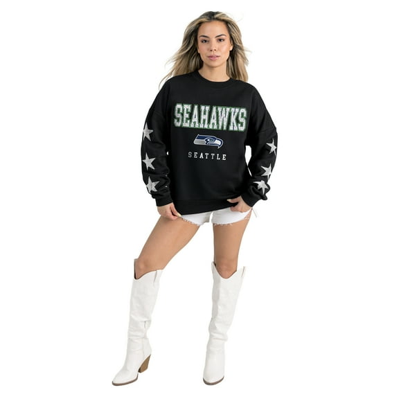 Women's Gameday Couture  Black Seattle Seahawks Velocity Relaxed Rhinestone Pullover Sweatshirt