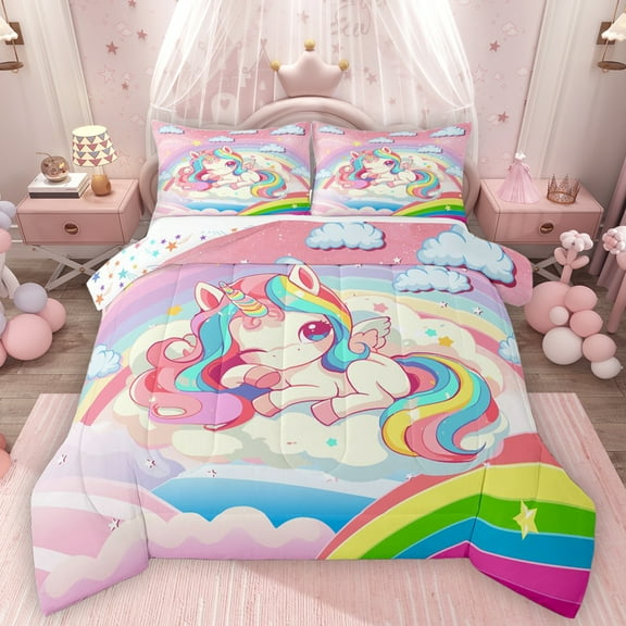 Homewish Colorful Cute Unicorn Bedding Comforter Set,Kawaii Rainbow Stars Pattern Twin Comforter Sets, Magic Animal Bedding Set For Girls Teens,Super Cozy Room Decor Reversible,2 Pieces