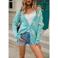 thumbnail image 2 of Chaqueta De Punto Estampada Cuello En V Hombro Caído Mangas Largas Patrón De Margaritas Elegante Cómodo Suéter Suelto Para Mujer Verde S, 2 of 8