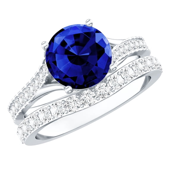 Rosec Jewels Lab Grown Blue Sapphire Wedding Ring Set - 2 Carat Engagement Ring with Wedding Band - AAAA Quality, 925 Sterling Silver, US 4.00