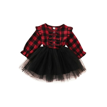 

Herdignity Girls Suit Check Mesh Ruffle Dress Long Sleeve One Piece Fluffy Skirt