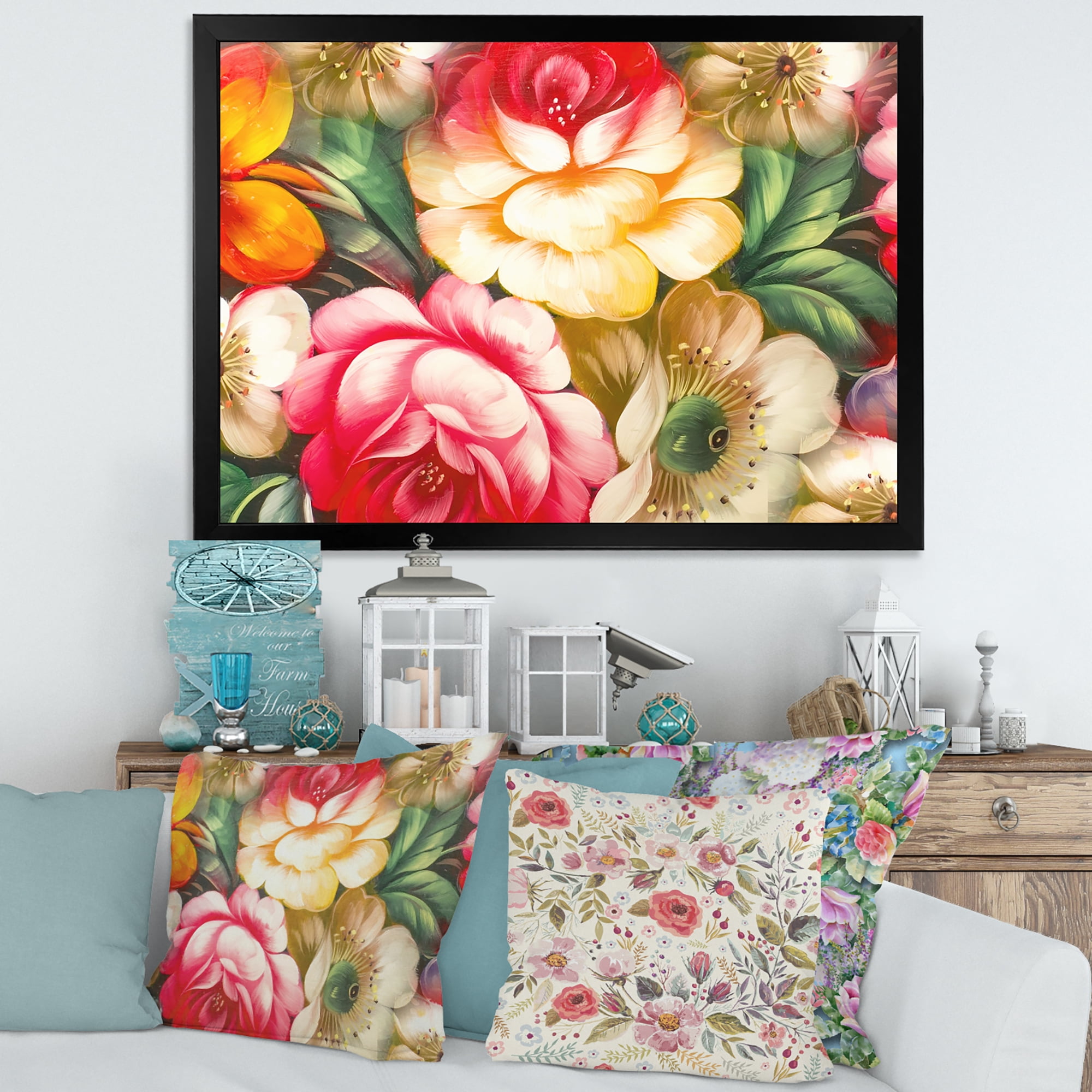 Designart 'Red and Yellow VIntage Flowers' Traditional Framed Art Print