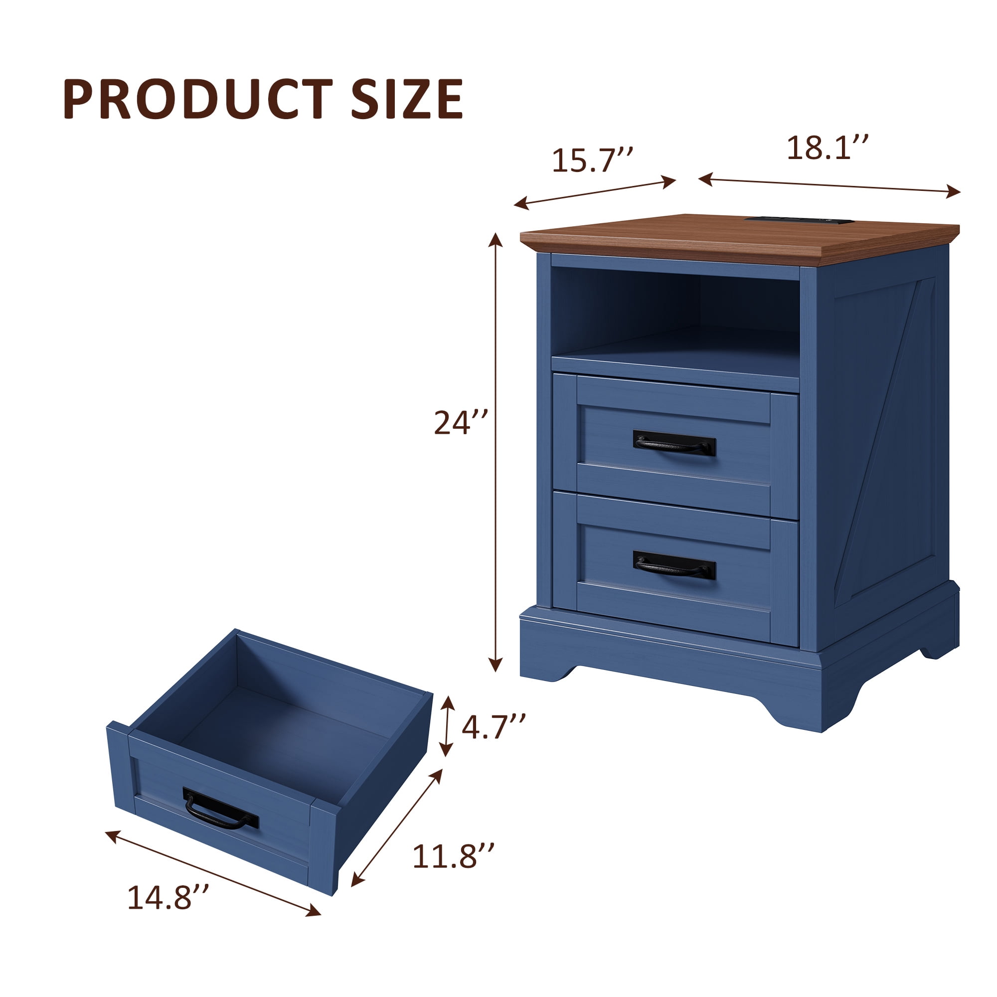 Farmhouse Nightstand Set of 2, 18 inch End Table with Charging Station for Bedroom, Living Room, Blue