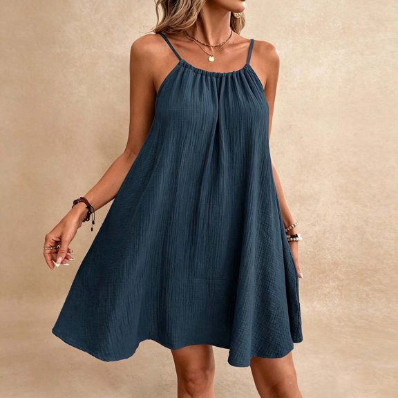 ClodeEU Women's Spaghetti Strap Backless Tie Back Maxi Dress ,Solid Color Casual Loose Fit Summer Beach Vacation Dress Blue,Women's Plus L