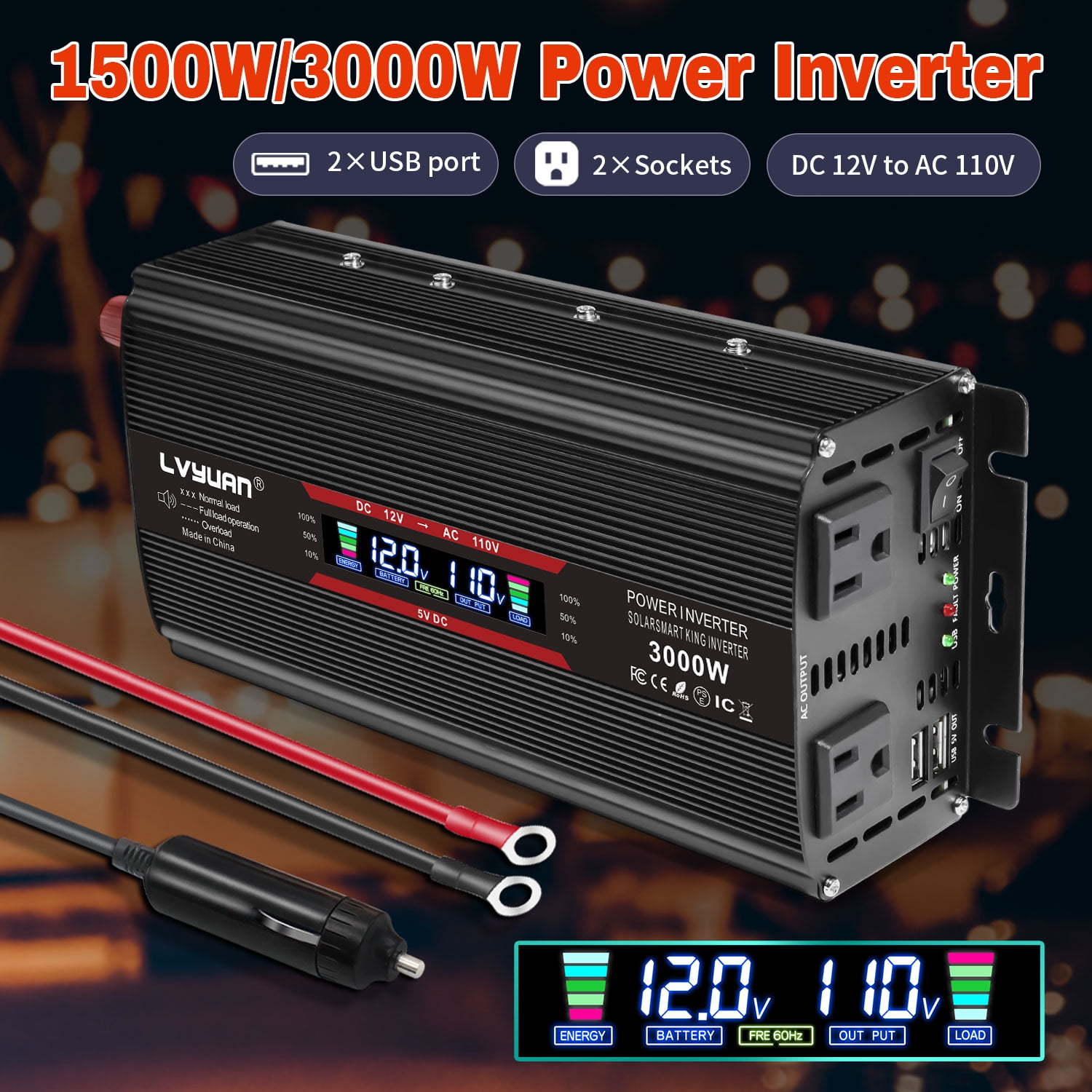LVYUAN 1500W 3000W Peak Modified Sine Wave Power Inverter - DC 12V to 110V AC, Dual AC Outlets & Dual USB Ports, LCD Display, Black - Ideal for Car, RV, Camping & Home Backup