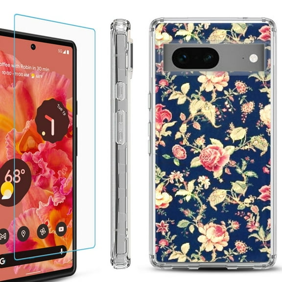 OneToughShield ® for Google Pixel 7a Shockproof Bumper Phone Case, with Tempered Glass Screen Protector - Floral Garden