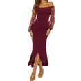 thumbnail image 2 of Women's Cocktail Dress Elegant Strapless Off Shoulder Sexy Sheer Mesh Sleeve Pleated Trim Wrap Side Slit Maxi Long Party Dresses, 2 of 8